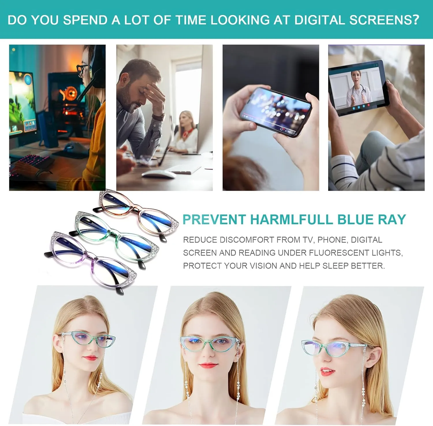 EYEURL Cat Eye Reading Glasses for Women - Blue Light Blocking 4 Pack Ladies Fashion Readers with Flexible Spring Hinges, Anti-Glare&UV Rays  0 Eyeglasses, Black/Brown/Green/Purple