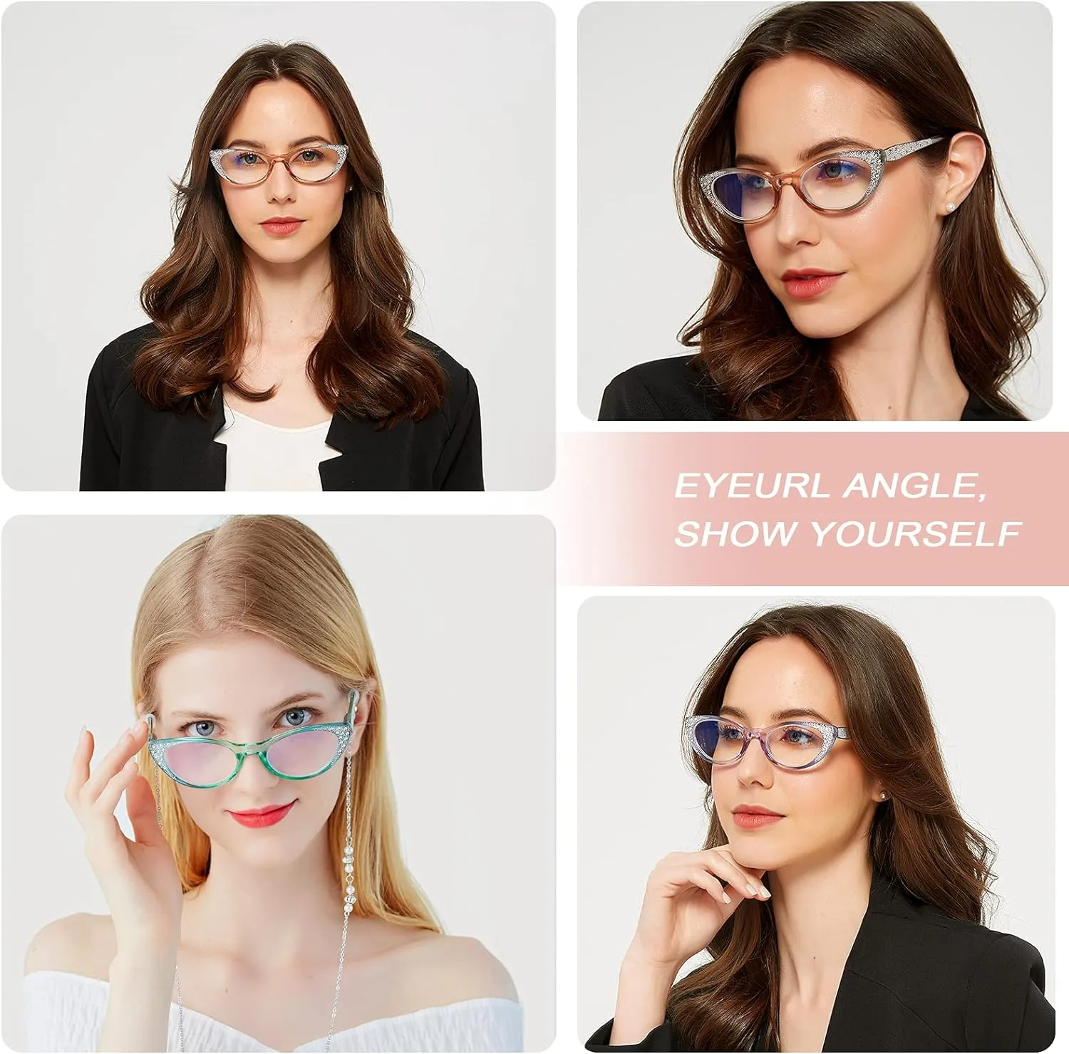 EYEURL Cat Eye Reading Glasses for Women - Blue Light Blocking 4 Pack Ladies Fashion Readers with Flexible Spring Hinges, Anti-Glare&UV Rays  0 Eyeglasses, Black/Brown/Green/Purple