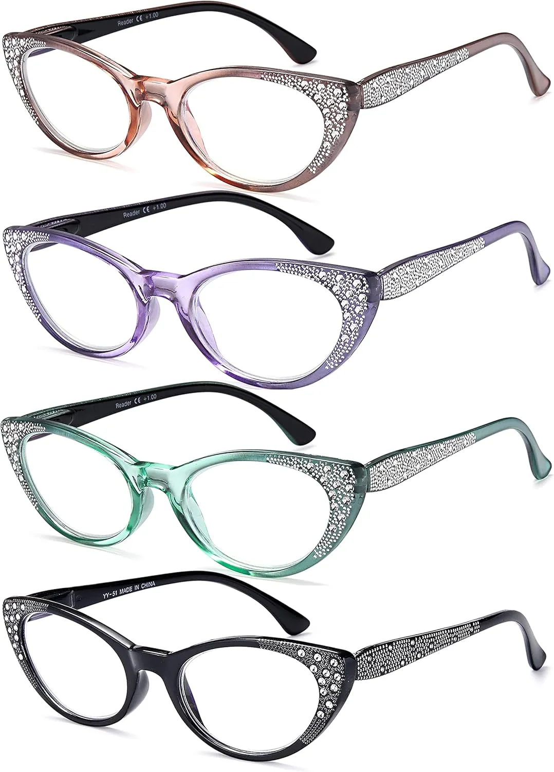 EYEURL Cat Eye Reading Glasses for Women - Blue Light Blocking 4 Pack Ladies Fashion Readers with Flexible Spring Hinges, Anti-Glare&UV Rays  0 Eyeglasses, Black/Brown/Green/Purple