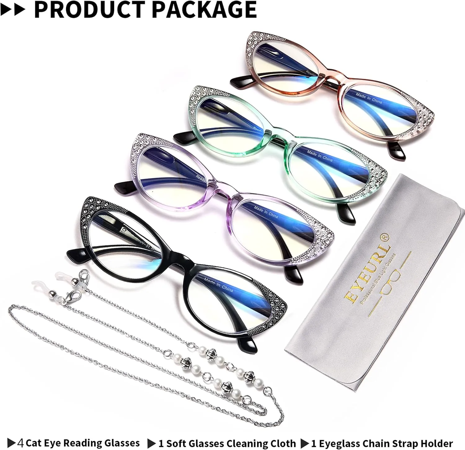 EYEURL Cat Eye Reading Glasses for Women - Blue Light Blocking 4 Pack Ladies Fashion Readers with Flexible Spring Hinges, Anti-Glare&UV Rays  0 Eyeglasses, Black/Brown/Green/Purple