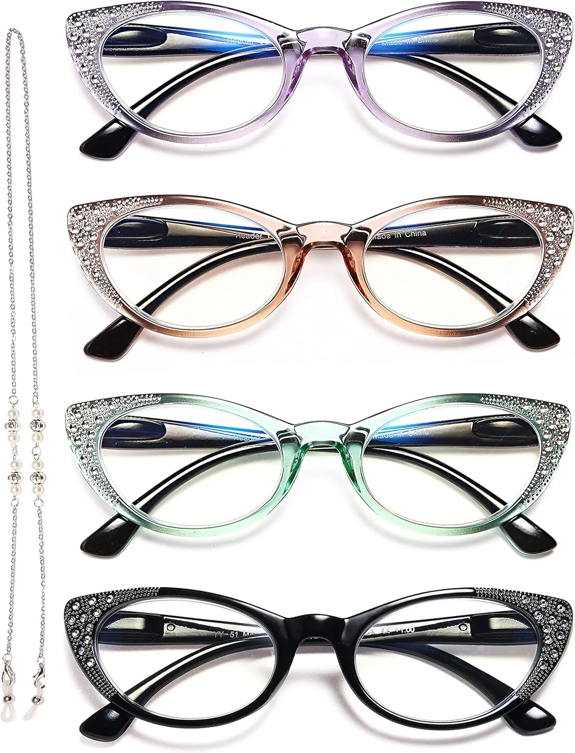 EYEURL Cat Eye Reading Glasses for Women - Blue Light Blocking 4 Pack Ladies Fashion Readers with Flexible Spring Hinges, Anti-Glare&UV Rays  0 Eyeglasses, Black/Brown/Green/Purple