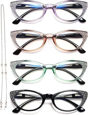 EYEURL Cat Eye Reading Glasses for Women - Blue Light Blocking 4 Pack Ladies Fashion Readers with Flexible Spring Hinges, Anti-Glare&UV Rays  0 Eyeglasses, Black/Brown/Green/Purple