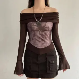 Fairycore Butterfly Ruched Off Shoulder Top with Mesh Material Sleeves