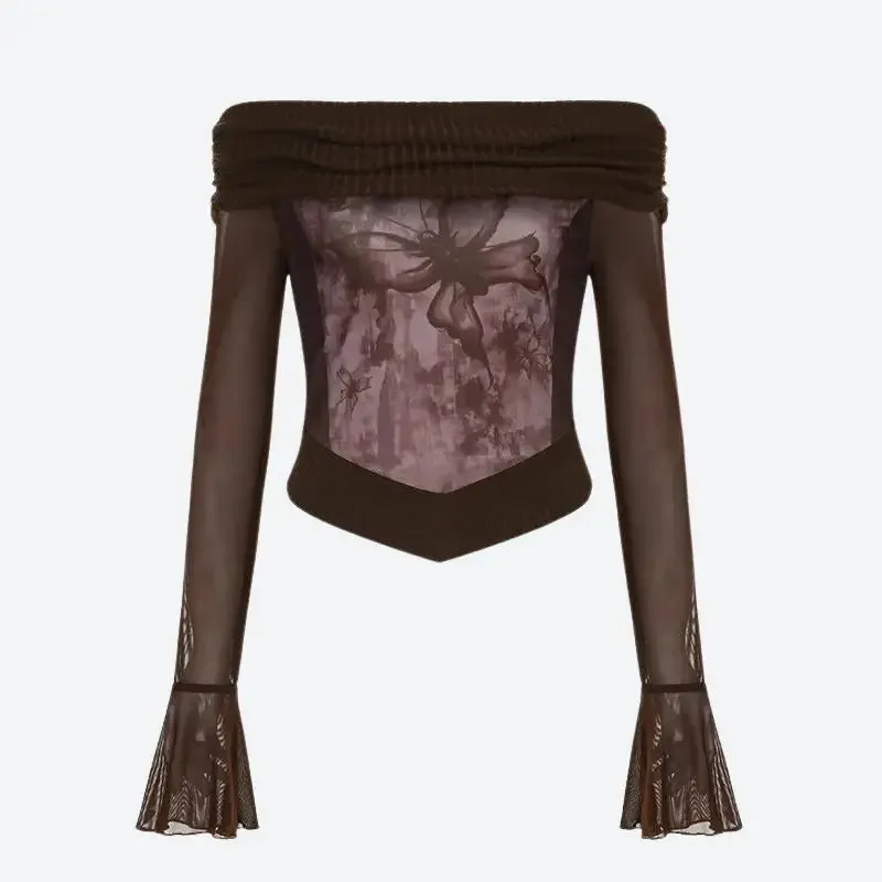 Fairycore Butterfly Ruched Off Shoulder Top with Mesh Material Sleeves