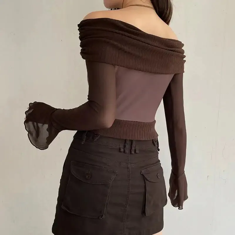 Fairycore Butterfly Ruched Off Shoulder Top with Mesh Material Sleeves