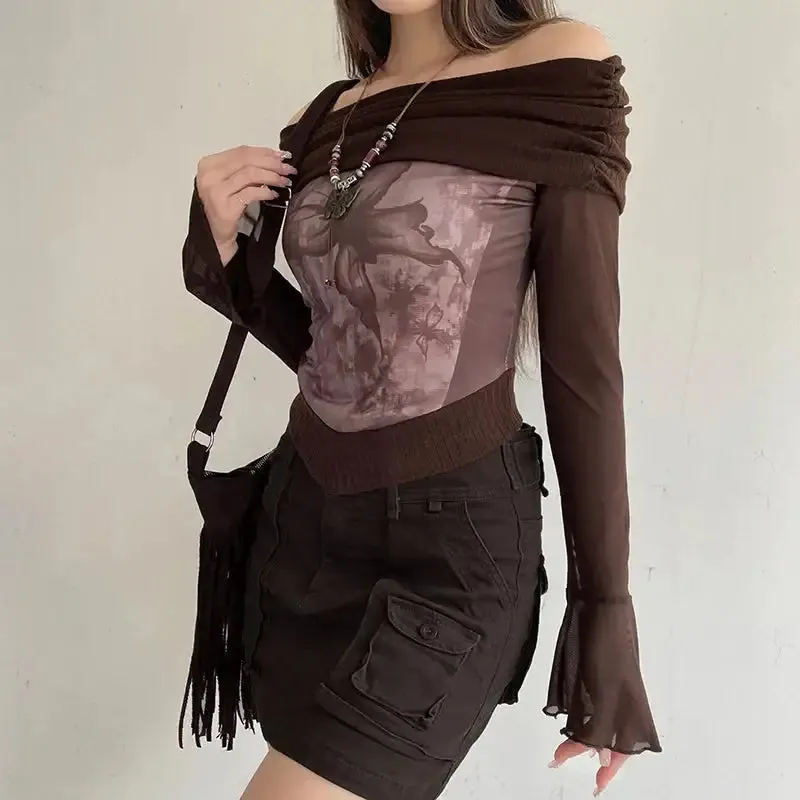 Fairycore Butterfly Ruched Off Shoulder Top with Mesh Material Sleeves