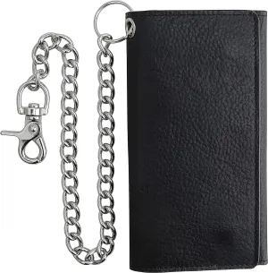 F&L CLASSIC RFID Blocking Mens Tri-fold Long Style Cowhide Leather Steel Chain Wallet,Black