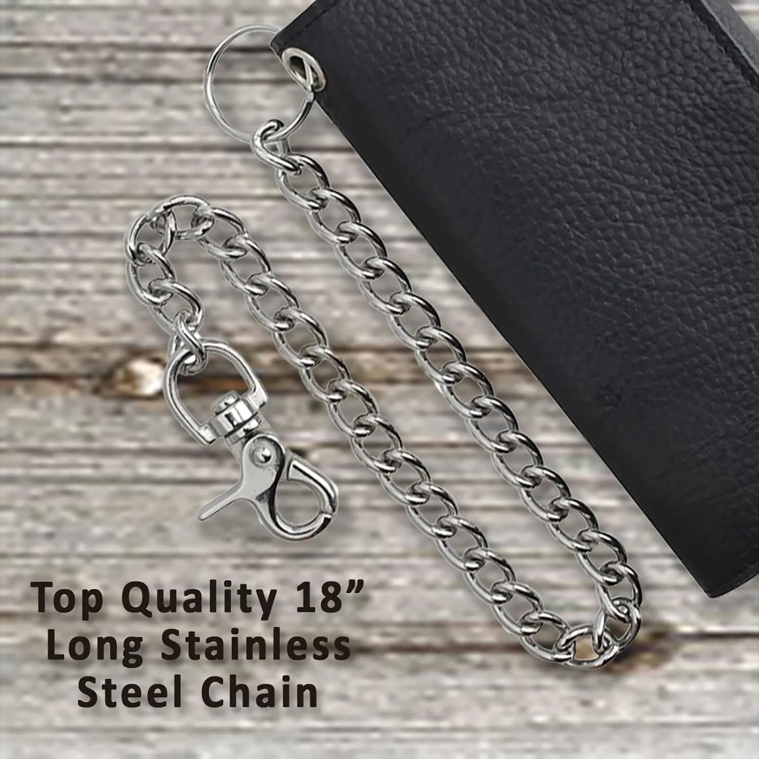 F&L CLASSIC RFID Blocking Mens Tri-fold Long Style Cowhide Leather Steel Chain Wallet,Black
