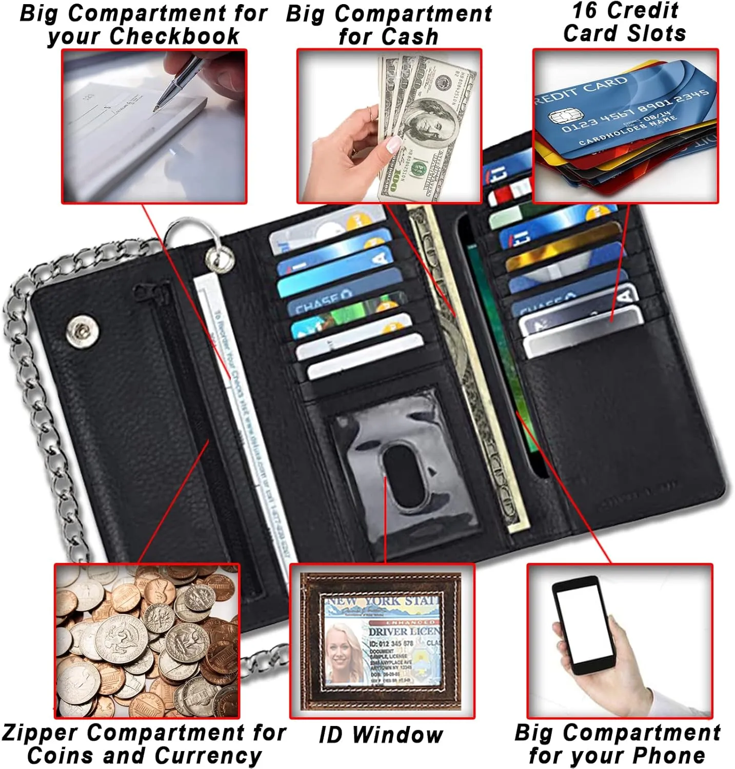 F&L CLASSIC RFID Blocking Mens Tri-fold Long Style Cowhide Leather Steel Chain Wallet,Black