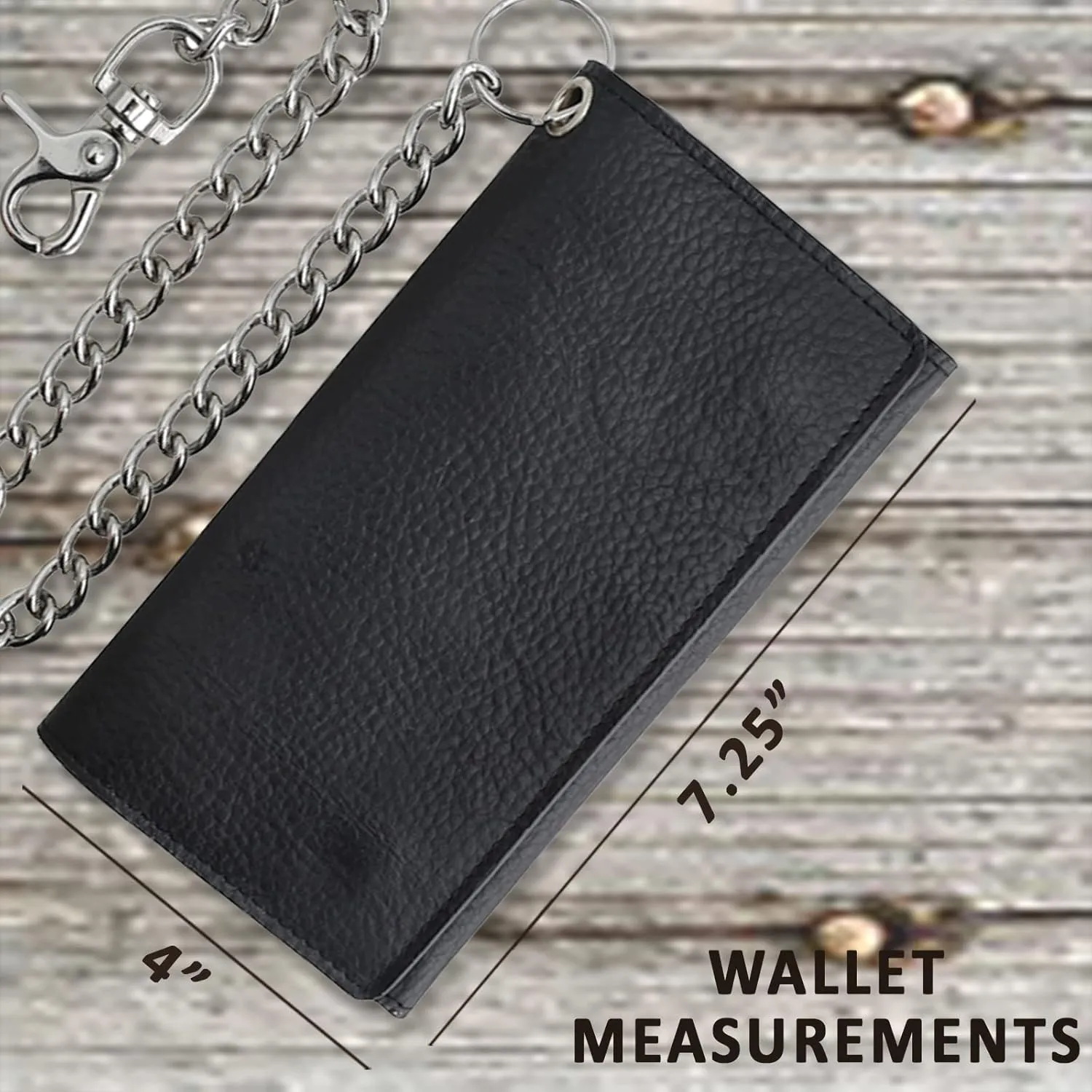 F&L CLASSIC RFID Blocking Mens Tri-fold Long Style Cowhide Leather Steel Chain Wallet,Black