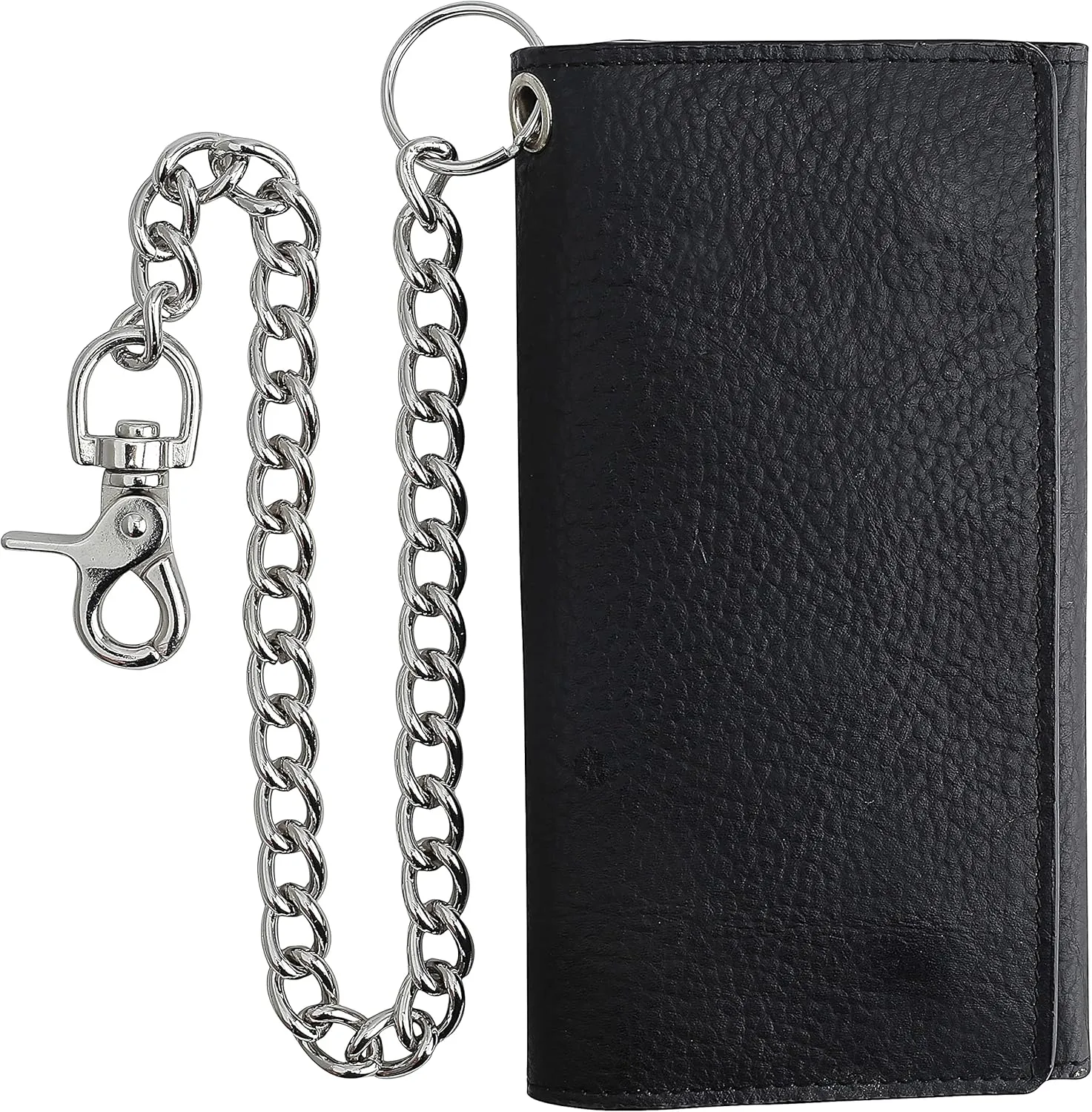 F&L CLASSIC RFID Blocking Mens Tri-fold Long Style Cowhide Leather Steel Chain Wallet,Black