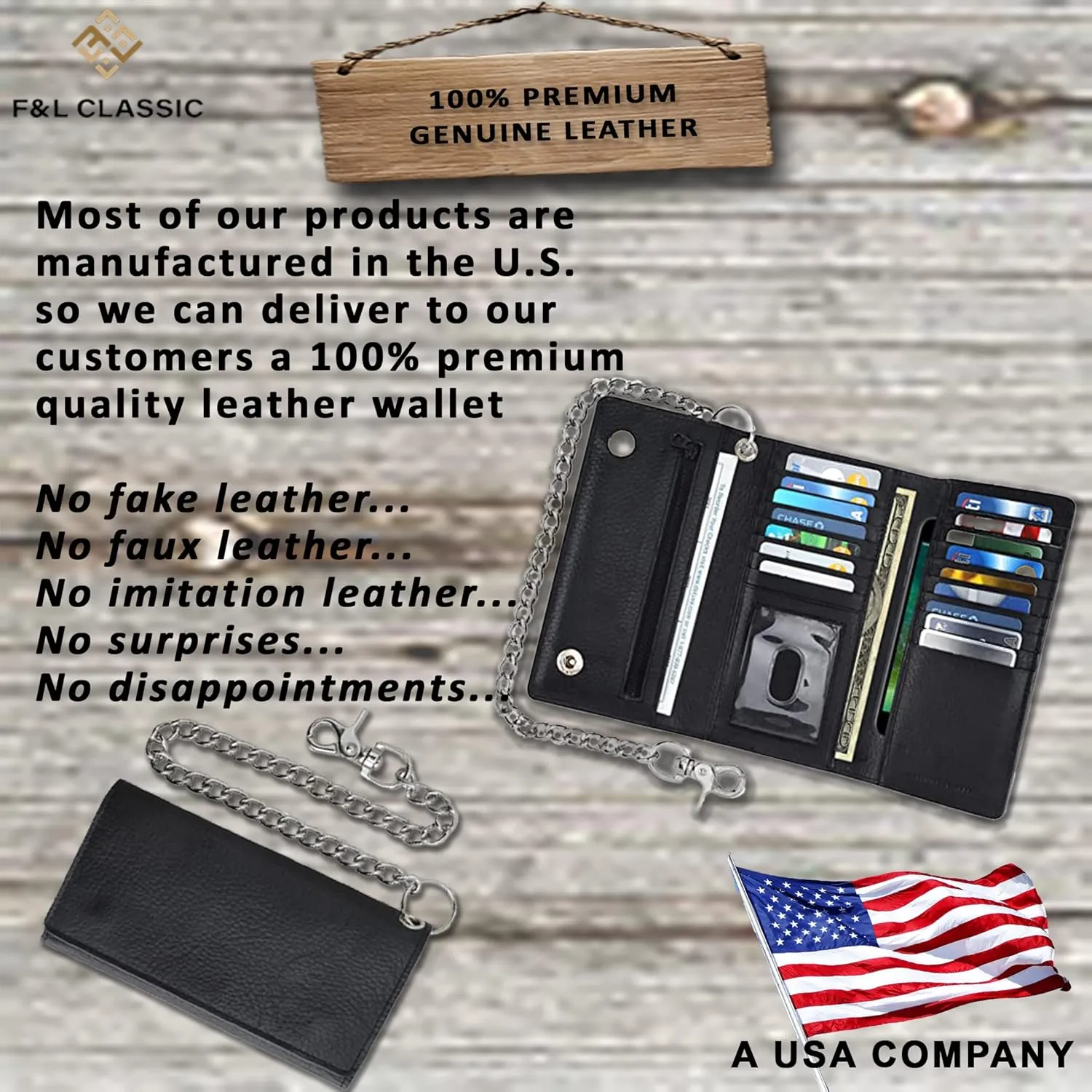 F&L CLASSIC RFID Blocking Mens Tri-fold Long Style Cowhide Leather Steel Chain Wallet,Black