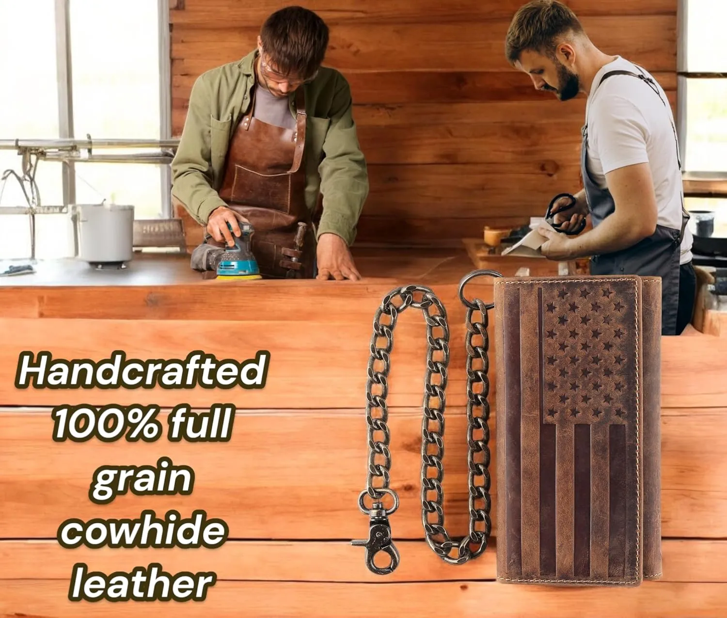 F&L CLASSIC RFID Blocking Mens Tri-fold Long Style Cowhide Leather Steel Chain Wallet,brown flag,212-100