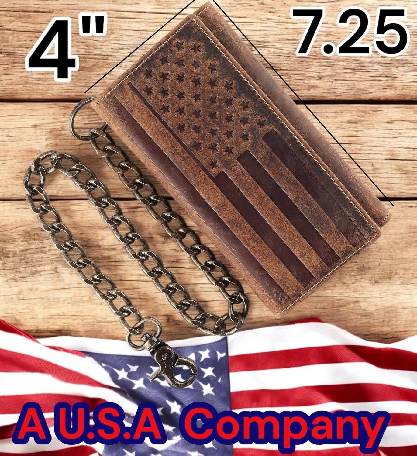 F&L CLASSIC RFID Blocking Mens Tri-fold Long Style Cowhide Leather Steel Chain Wallet,brown flag,212-100