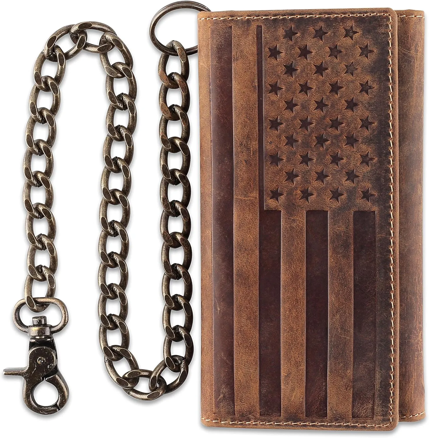 F&L CLASSIC RFID Blocking Mens Tri-fold Long Style Cowhide Leather Steel Chain Wallet,brown flag,212-100