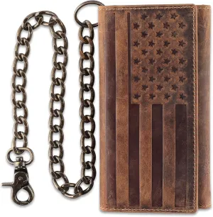 F&L CLASSIC RFID Blocking Mens Tri-fold Long Style Cowhide Leather Steel Chain Wallet,brown flag,212-100