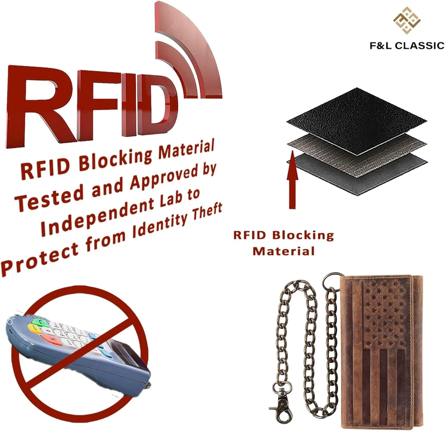 F&L CLASSIC RFID Blocking Mens Tri-fold Long Style Cowhide Leather Steel Chain Wallet,brown flag,212-100