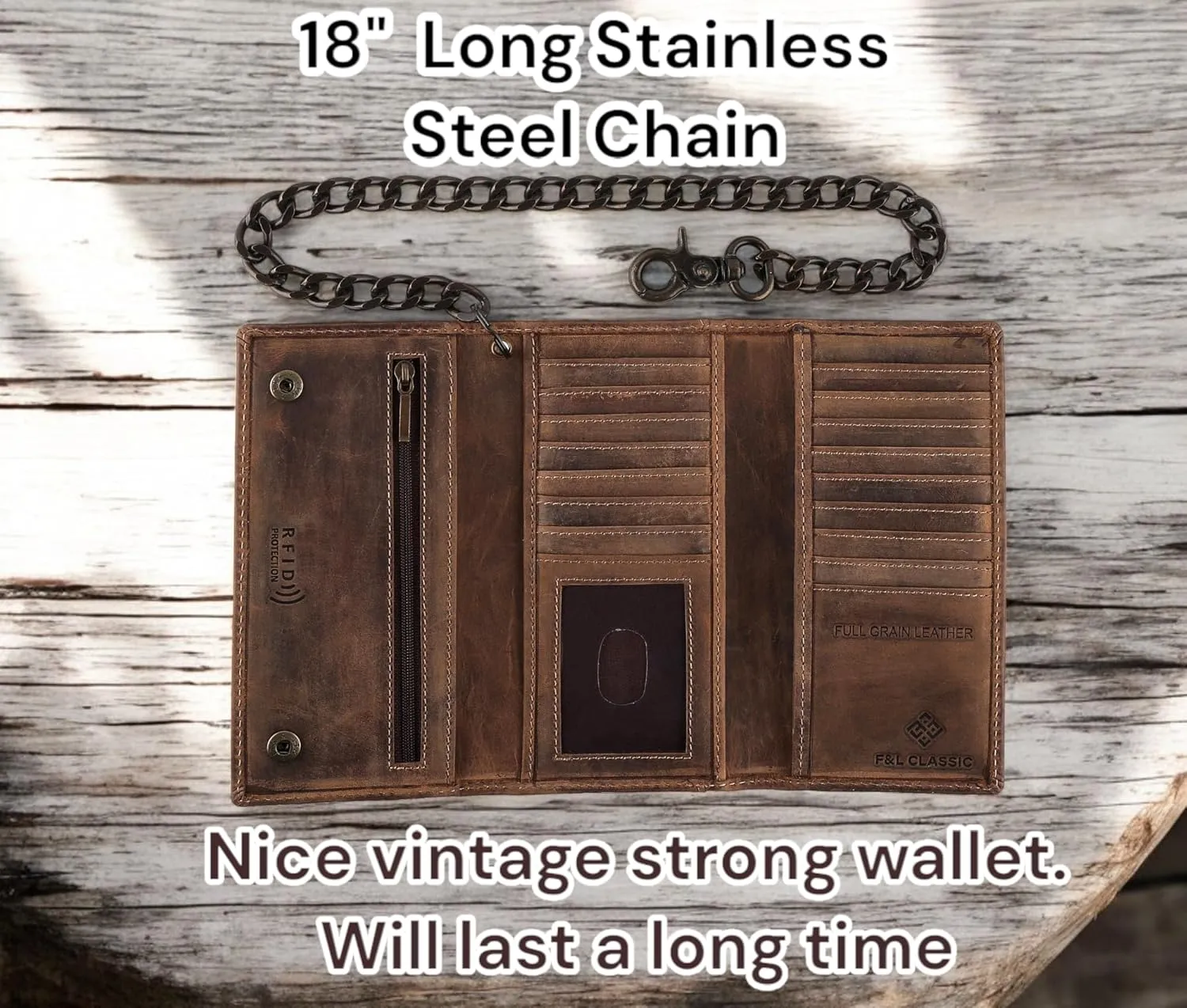 F&L CLASSIC RFID Blocking Mens Tri-fold Long Style Cowhide Leather Steel Chain Wallet,brown flag,212-100