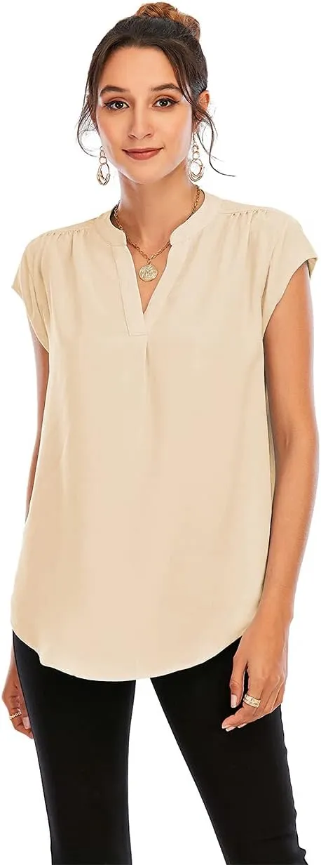 Famulily Womens Split V Neck Cap Sleeve Tops Frill Trim Elegant Work Office Blouse Shirts