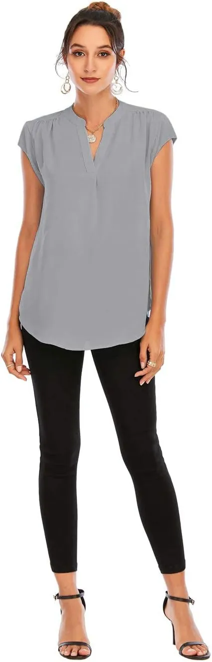 Famulily Womens Split V Neck Cap Sleeve Tops Frill Trim Elegant Work Office Blouse Shirts