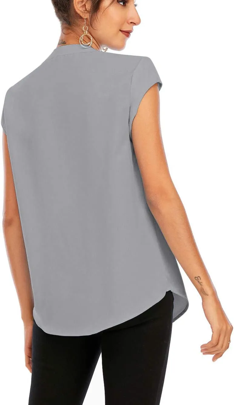 Famulily Womens Split V Neck Cap Sleeve Tops Frill Trim Elegant Work Office Blouse Shirts