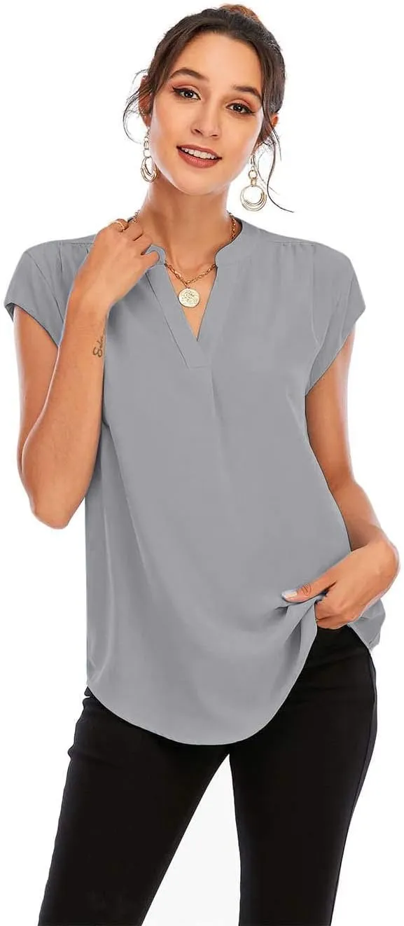 Famulily Womens Split V Neck Cap Sleeve Tops Frill Trim Elegant Work Office Blouse Shirts