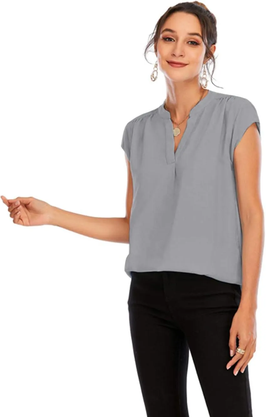 Famulily Womens Split V Neck Cap Sleeve Tops Frill Trim Elegant Work Office Blouse Shirts