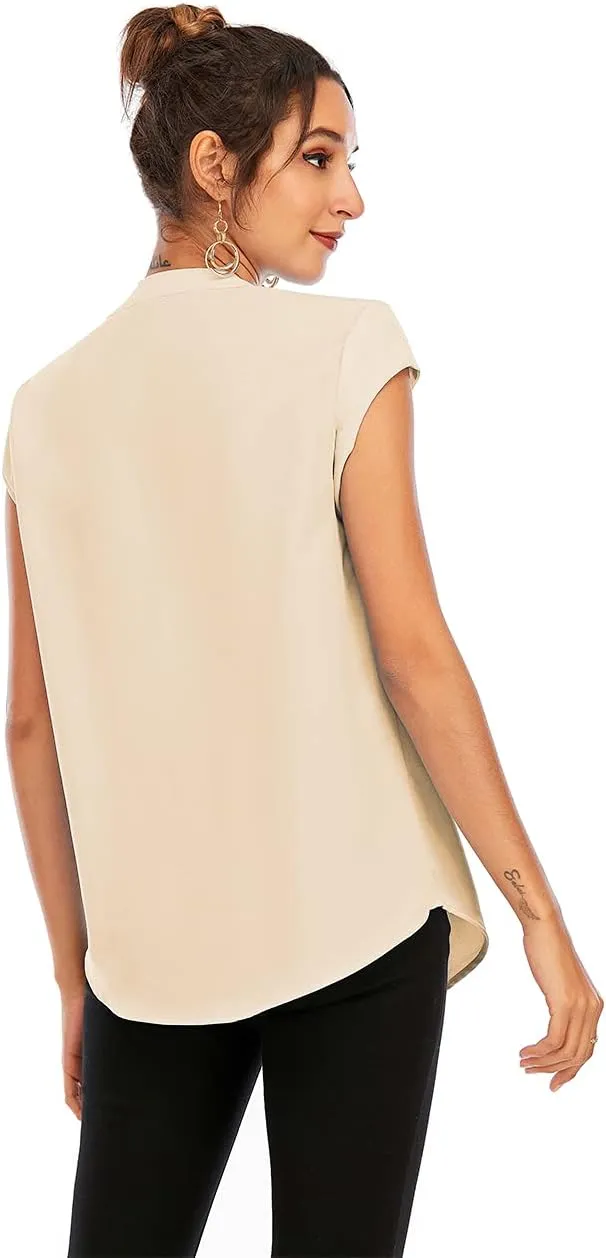 Famulily Womens Split V Neck Cap Sleeve Tops Frill Trim Elegant Work Office Blouse Shirts