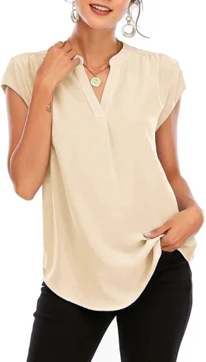 Famulily Womens Split V Neck Cap Sleeve Tops Frill Trim Elegant Work Office Blouse Shirts