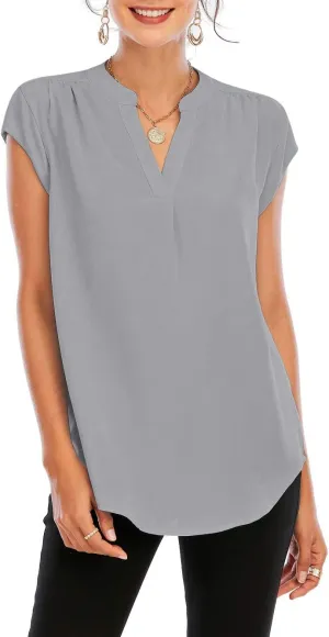 Famulily Womens Split V Neck Cap Sleeve Tops Frill Trim Elegant Work Office Blouse Shirts