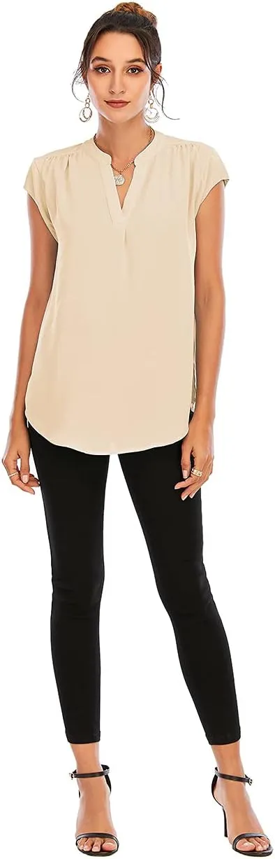 Famulily Womens Split V Neck Cap Sleeve Tops Frill Trim Elegant Work Office Blouse Shirts