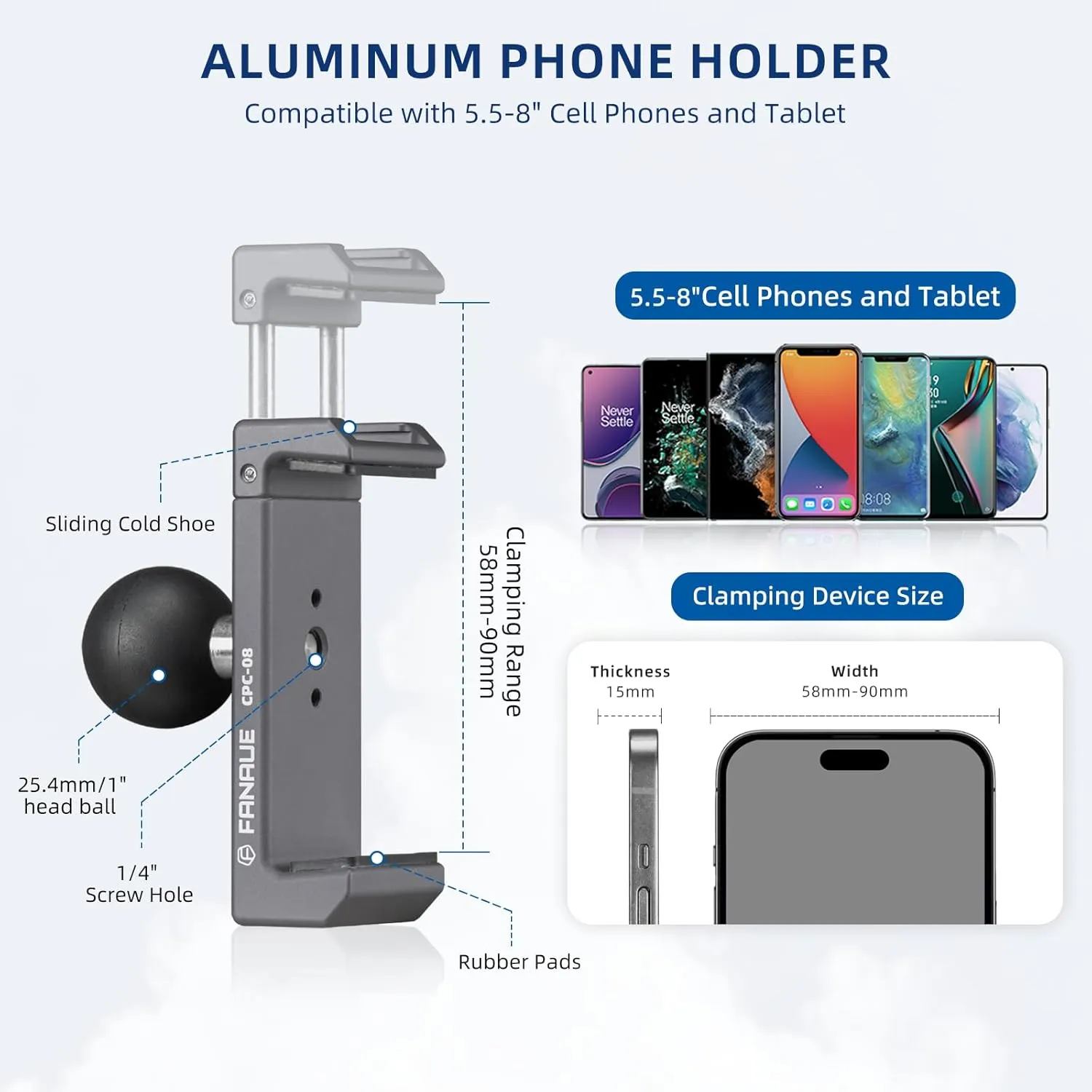 FANAUE Aluminum Phone Holder with 1" Ball Head Adapter Compatible with RAM mounts B Size Double Socket arm (CPC-08)