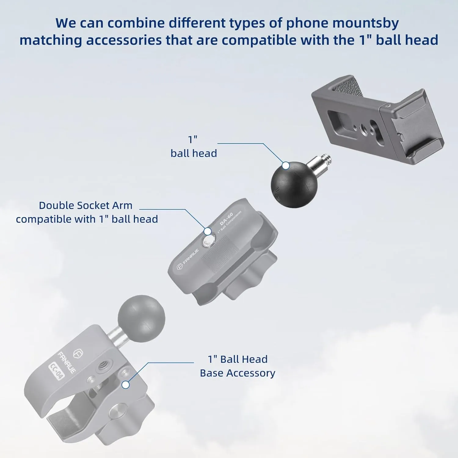 FANAUE Aluminum Phone Holder with 1" Ball Head Adapter Compatible with RAM mounts B Size Double Socket arm (CPC-08)