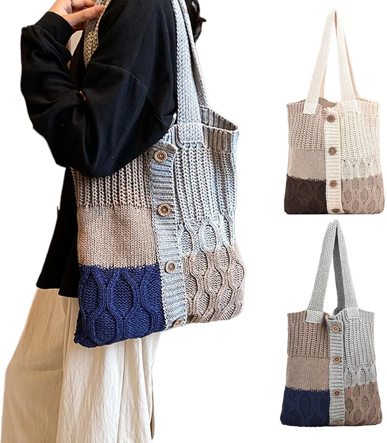 Fashion Knit Shoulder Bag Knitted Handbag Purse Crochet Shoulder Tote Bag Beach Bag for Womem Shoulder Handbag