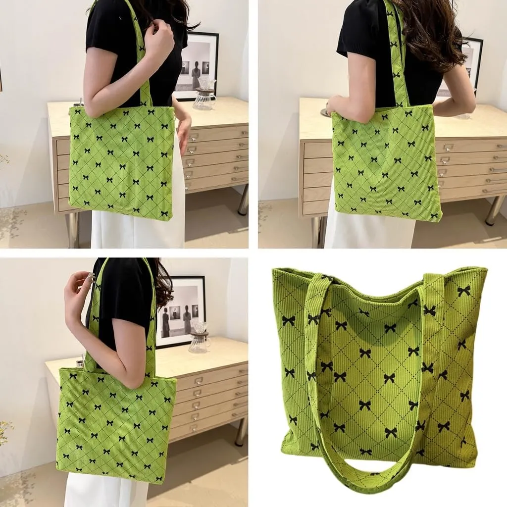 Fashionable Corduroy Handbag with Large Storage Stylish Bowknot Pattern Shoulder Bag for Ladies Work and Travel