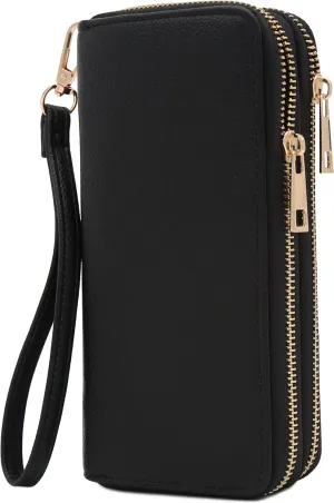 FashionPuzzle Double Zip Around PU Leather Wristlet Cell Phone Wallet