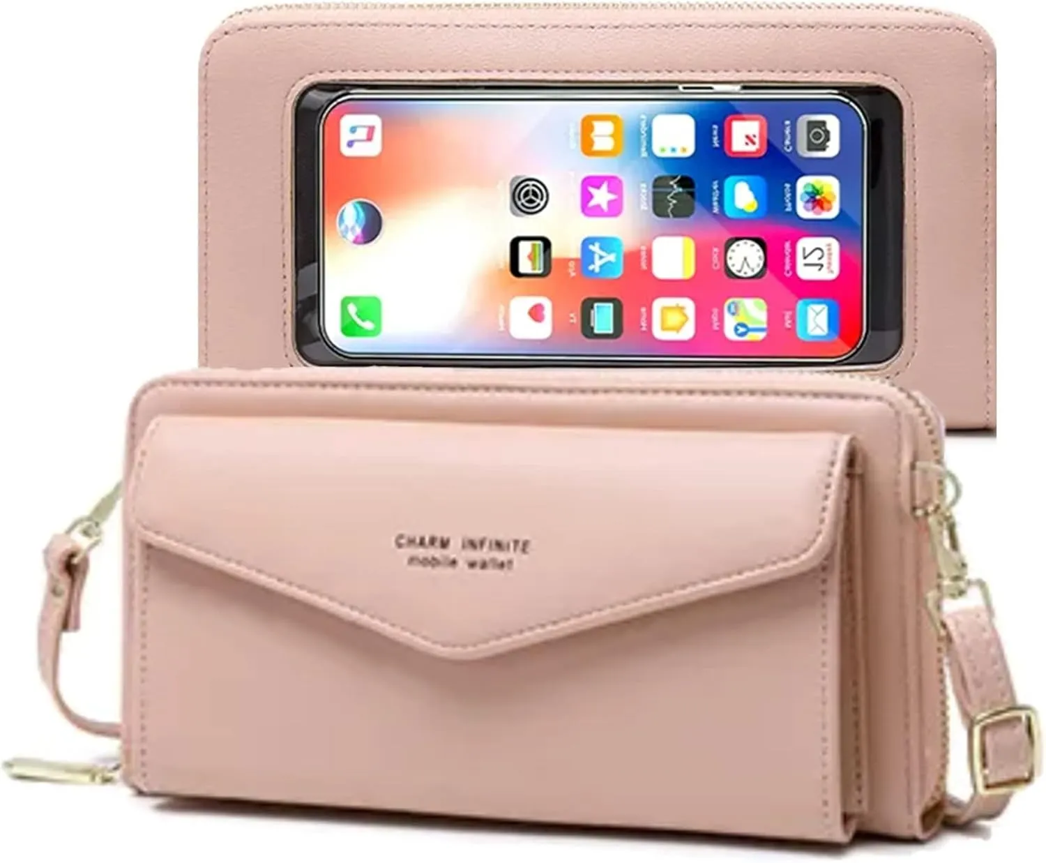 Faux Leather Crossbody Phone Bag for Women, RFID Blocking Touch Screen Wallet Shoulder Handbag with Clear Phone Window