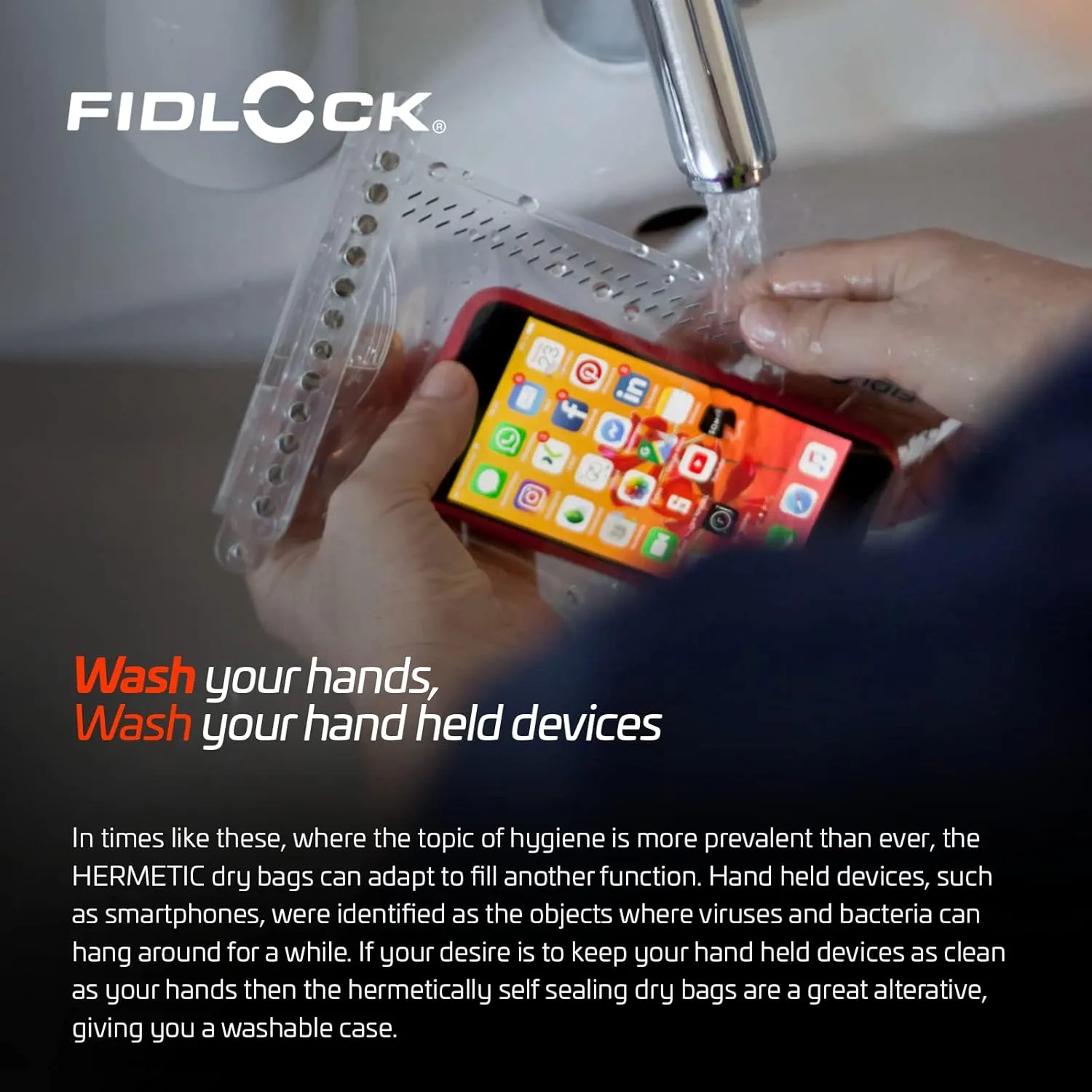 FIDLOCK Hermetic Dry Bag Maxi - Flexible Magnetic Self-Sealing Bag for Cellphone | 100% Waterproof and Sand Proof - Practical Size with a Large Opening, with Lanyard included - Transparent Black