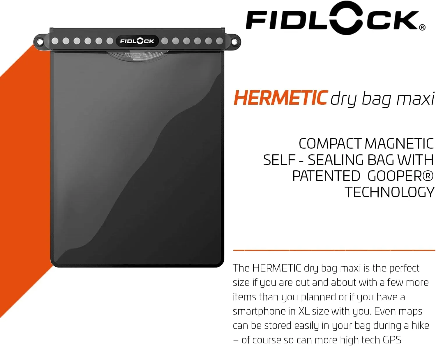 FIDLOCK Hermetic Dry Bag Maxi - Flexible Magnetic Self-Sealing Bag for Cellphone | 100% Waterproof and Sand Proof - Practical Size with a Large Opening, with Lanyard included - Transparent Black