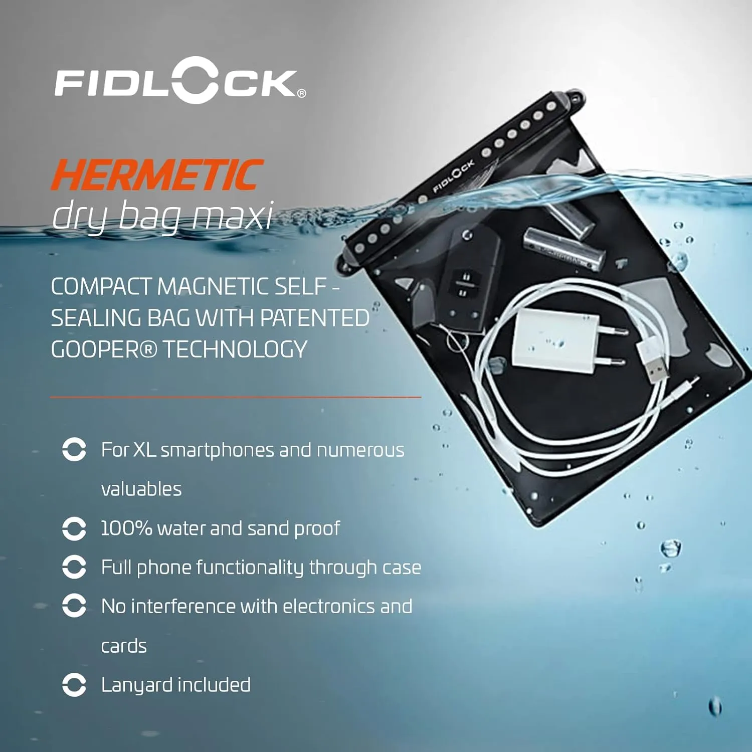 FIDLOCK Hermetic Dry Bag Maxi - Flexible Magnetic Self-Sealing Bag for Cellphone | 100% Waterproof and Sand Proof - Practical Size with a Large Opening, with Lanyard included - Transparent Black