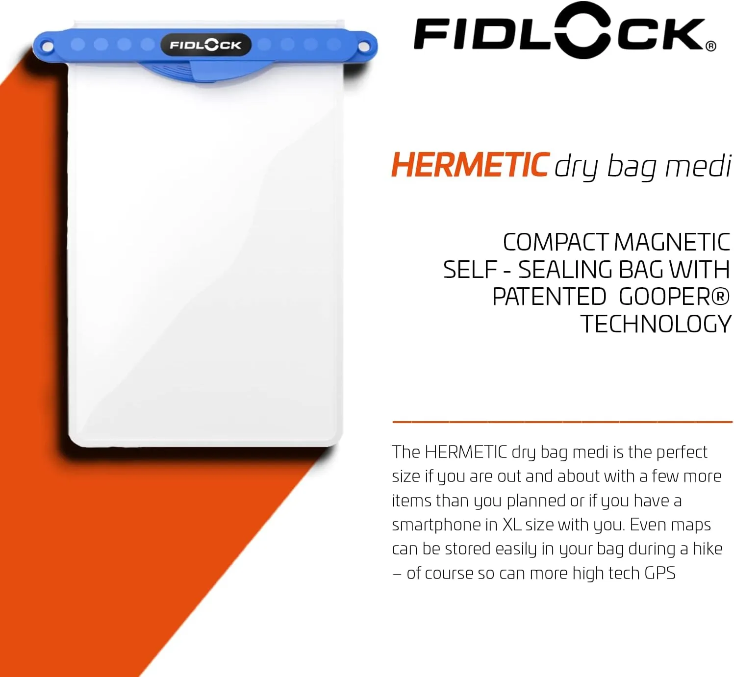 FIDLOCK Hermetic Dry Bag Medi - Flexible Magnetic Self-Sealing Bag for Cellphone | 100% Waterproof and Sand Proof - Practical Size with a Large Opening, with Lanyard Included - Transparent Blue