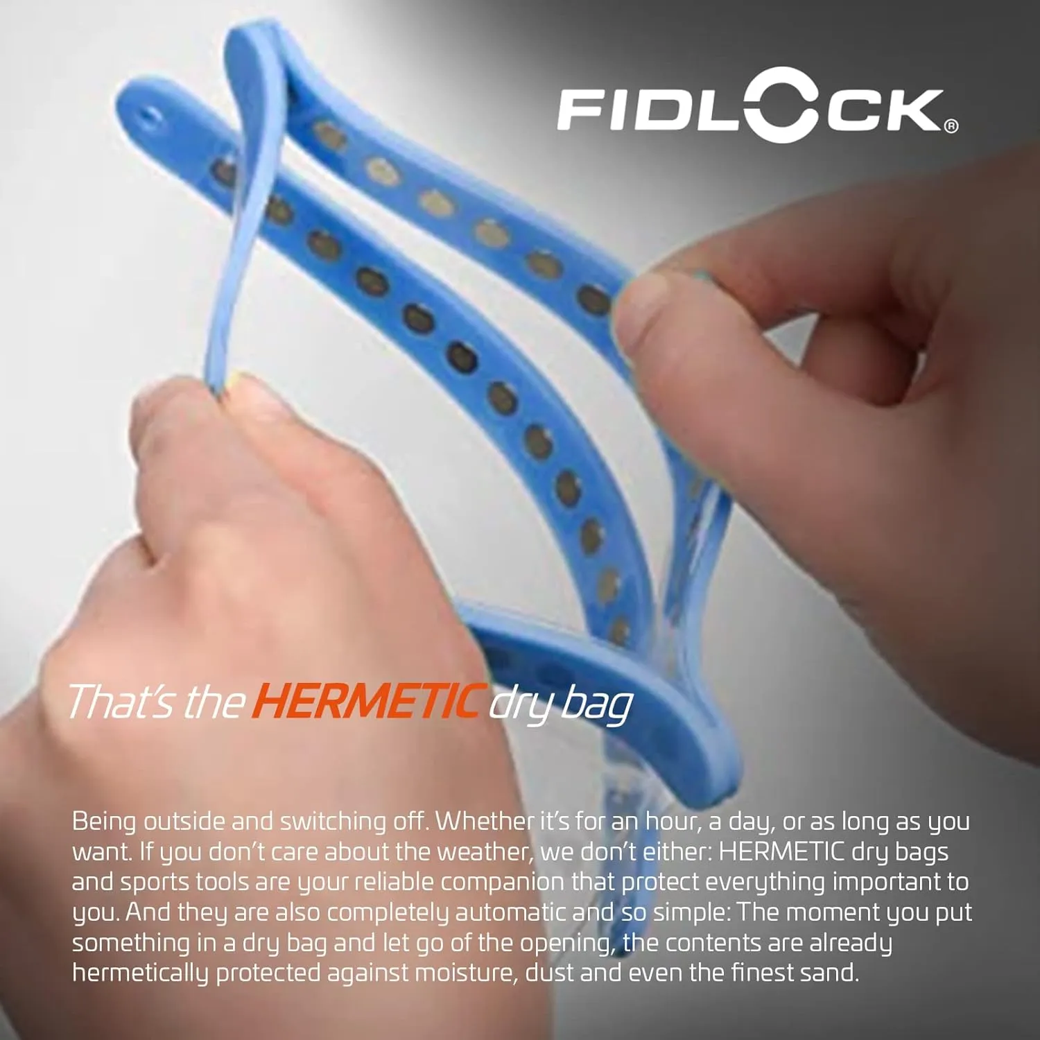 FIDLOCK Hermetic Dry Bag Medi - Flexible Magnetic Self-Sealing Bag for Cellphone | 100% Waterproof and Sand Proof - Practical Size with a Large Opening, with Lanyard Included - Transparent Blue