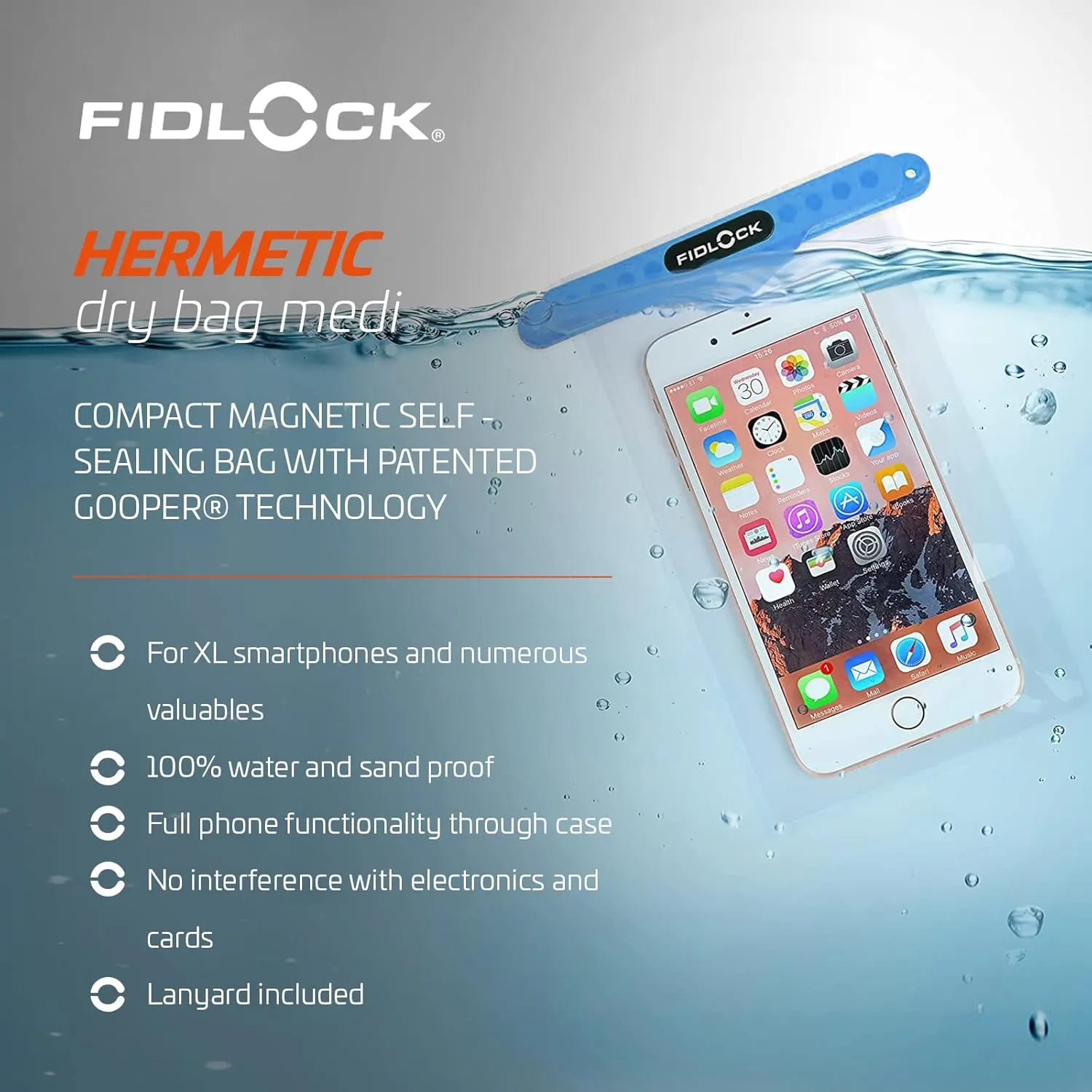 FIDLOCK Hermetic Dry Bag Medi - Flexible Magnetic Self-Sealing Bag for Cellphone | 100% Waterproof and Sand Proof - Practical Size with a Large Opening, with Lanyard Included - Transparent Blue