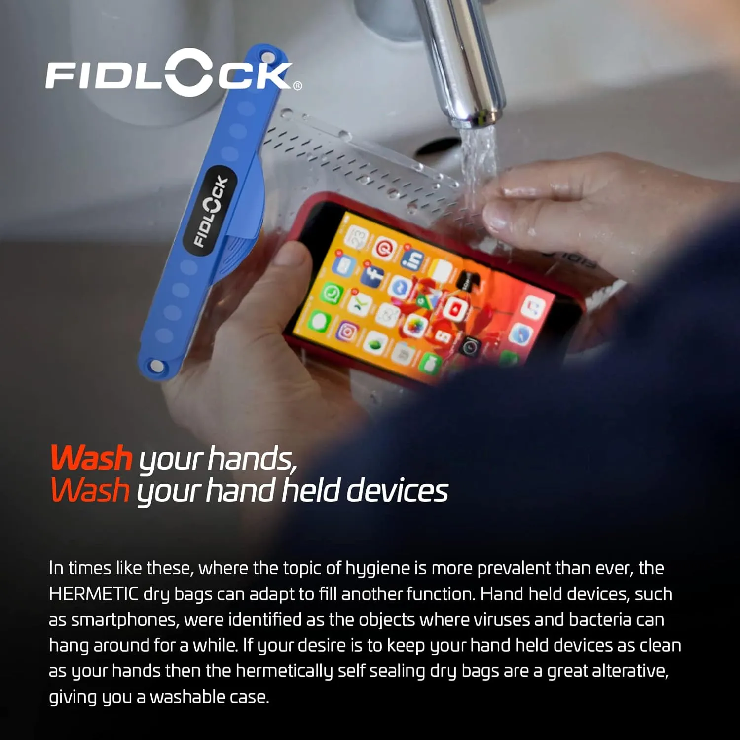 FIDLOCK Hermetic Dry Bag Medi - Flexible Magnetic Self-Sealing Bag for Cellphone | 100% Waterproof and Sand Proof - Practical Size with a Large Opening, with Lanyard Included - Transparent Blue