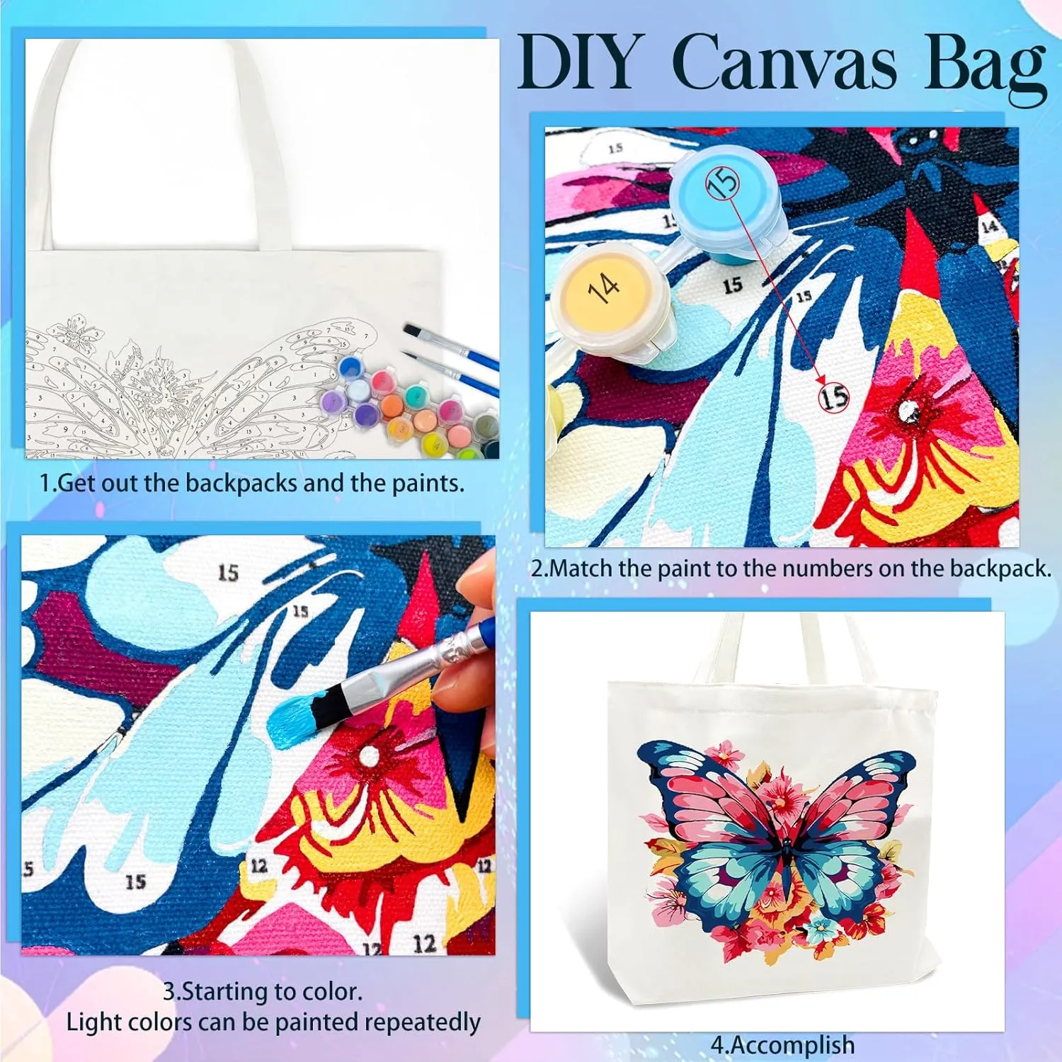 FILASLFT Butterfly Tote Bag Paint by Numbers, Paint by Numbers for Canvas Tote Bag, Travel Bag, Student Bag, Beach Bag and Shopping Bag 17.71x13.38 Inch
