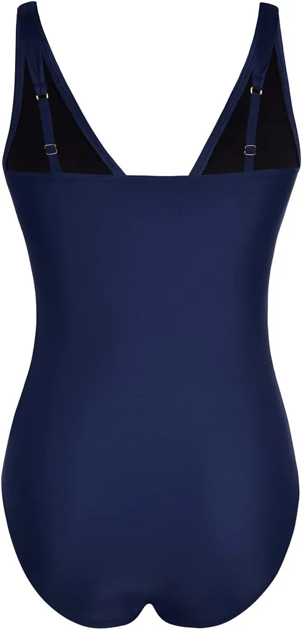 Firpearl Women's Ruffle One Piece Bathing Suits V Neck Vintage Tummy Control Swimsuit Swimwear