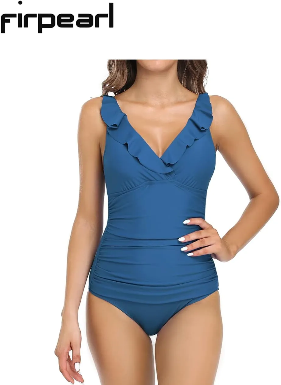 Firpearl Women's Ruffle One Piece Bathing Suits V Neck Vintage Tummy Control Swimsuit Swimwear