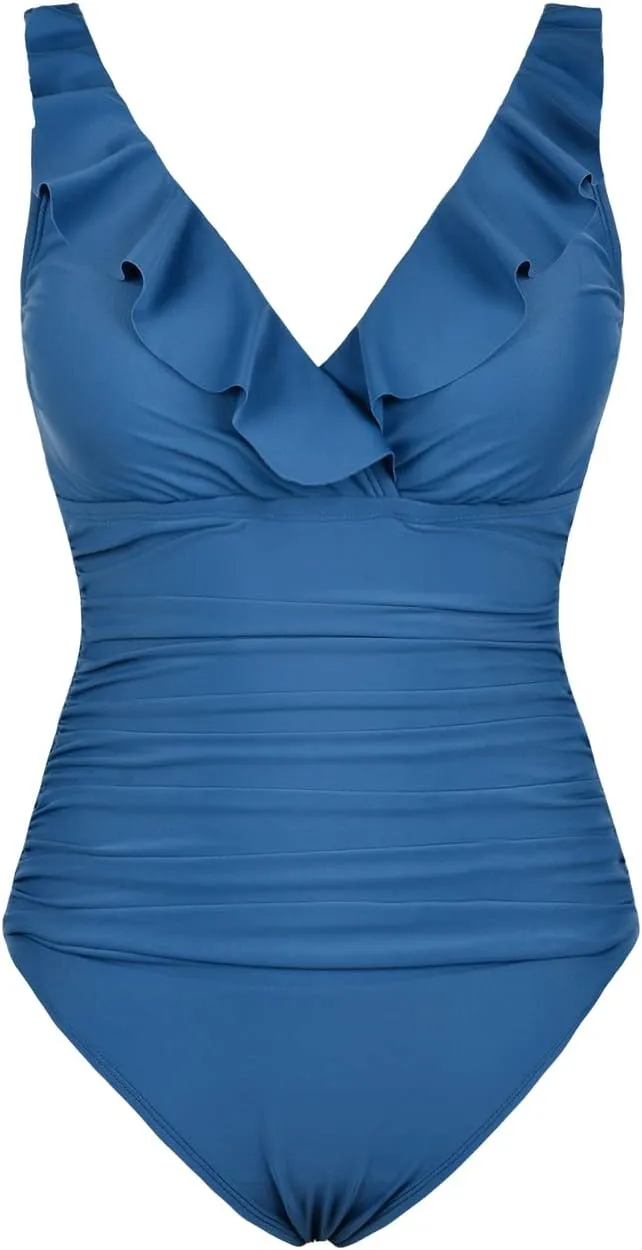 Firpearl Women's Ruffle One Piece Bathing Suits V Neck Vintage Tummy Control Swimsuit Swimwear