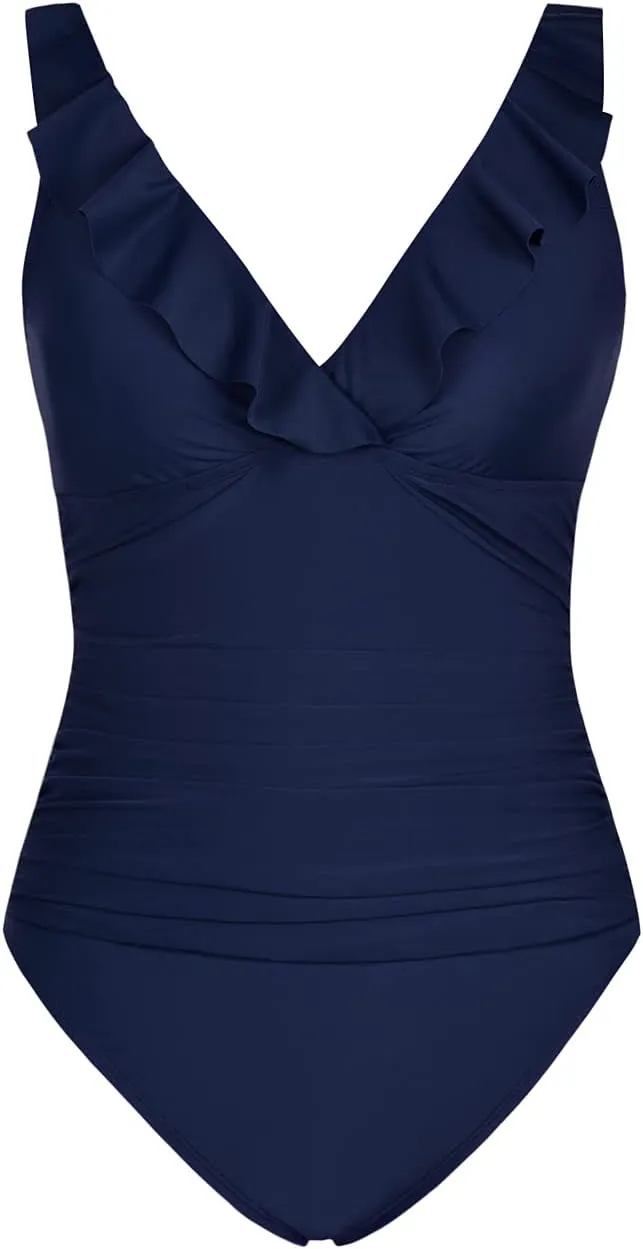 Firpearl Women's Ruffle One Piece Bathing Suits V Neck Vintage Tummy Control Swimsuit Swimwear