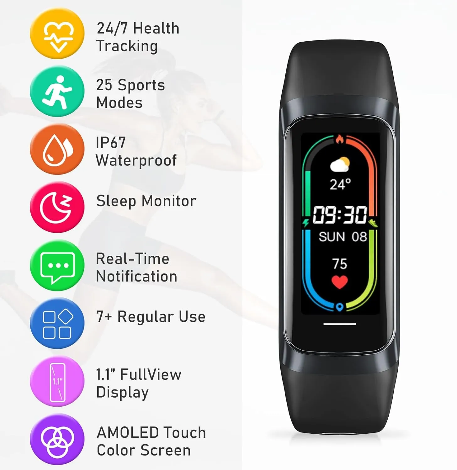 Fitness Tracker with Heart Rate, Blood Pressure, Sleep Tracking, Calorie Tracking, Activity Tracker with 1.1" AMOLED Color Screen, Waterproof Step Tracker for Android iPhones Women Men